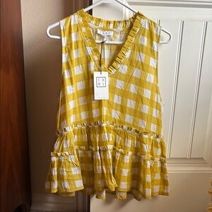 THML Mustard and White Checkered V-Neck Top
